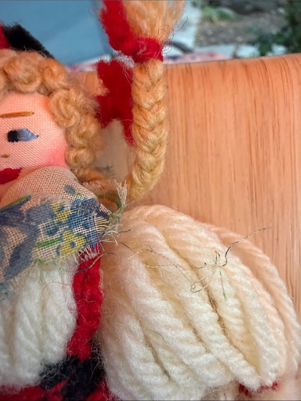 Handmade Blue & Red Yarn Folk Doll Pair with Yellow Accents